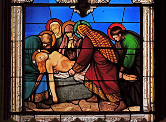 14th Stations of the Cross, Jesus is laid in the tomb and covered in incense, stained glass windows...