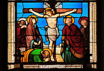 Fototapeta premium 12th Stations of the Cross, Jesus dies on the cross, stained glass windows in the Saint Eugene - Saint Cecilia Church, Paris, France 