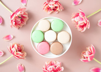 Colorful macaron or macaroon cakes and tulips on tender pastel pink background.