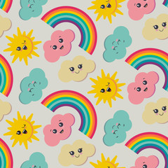 Vector seamless pattern with cute smiling sun, rainbow, cloud