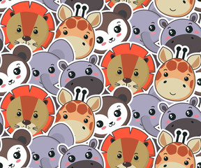 Vector seamless pattern with cute african animal faces
