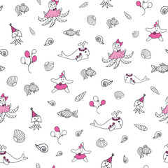 Funny nautical ocean party seamless vector pattern in black and white with some pink elements. Cute octopus, jellyfish, starfish, whale, fish and seashells print for fabric, wallpaper, packaging