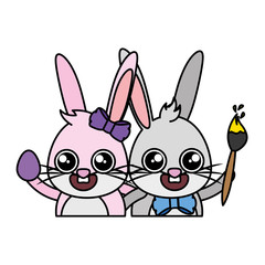 beautiful rabbits couple with egg and paintbrush