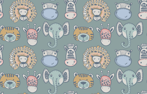 Seamless pattern with cute animal heads, endless background