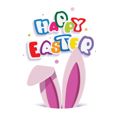 Easter bunny ears in the hole with text Happy Easter on the background