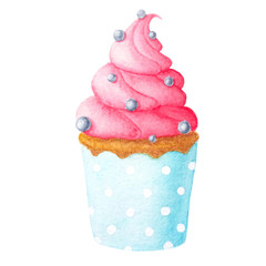 hand drawn watercolor cupcake with cream 