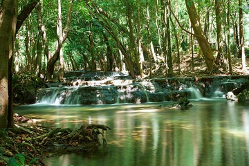 Beautiful waterfall in the rainforest jungle of Thailand. Waterfall of tropical forest in summer time.