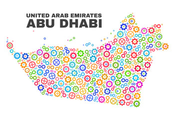 Mosaic technical Abu Dhabi Emirate map isolated on a white background. Vector geographic abstraction in different colors.