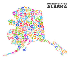 Mosaic technical Alaska map isolated on a white background. Vector geographic abstraction in different colors. Mosaic of Alaska map combined of scattered multi-colored gearwheel elements.