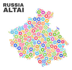 Mosaic technical Altai Republic map isolated on a white background. Vector geographic abstraction in different colors. Mosaic of Altai Republic map combined of random multi-colored cog items.