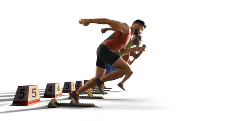 Isolated Male athletes sprinting. Men in sport clothes on starting line prepares to run on white...