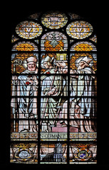 Saint Germain of Paris, stained glass window in the Saint Augustine church in Paris, France 