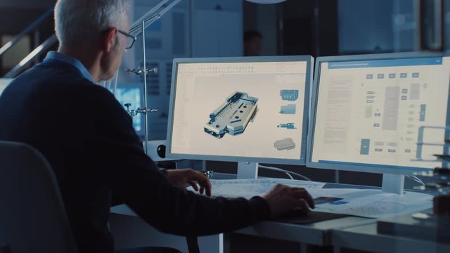 Professional Heavy Industry Engineer Works on Computer Uses CAD Software with Integrated development environment to Design Industrial Machinery Component. Over the Shoulder Shot