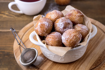 Tasty Homemade Cottage Cheese Donuts in Sugar Powder Wooden Background Donuts Horizontal Above