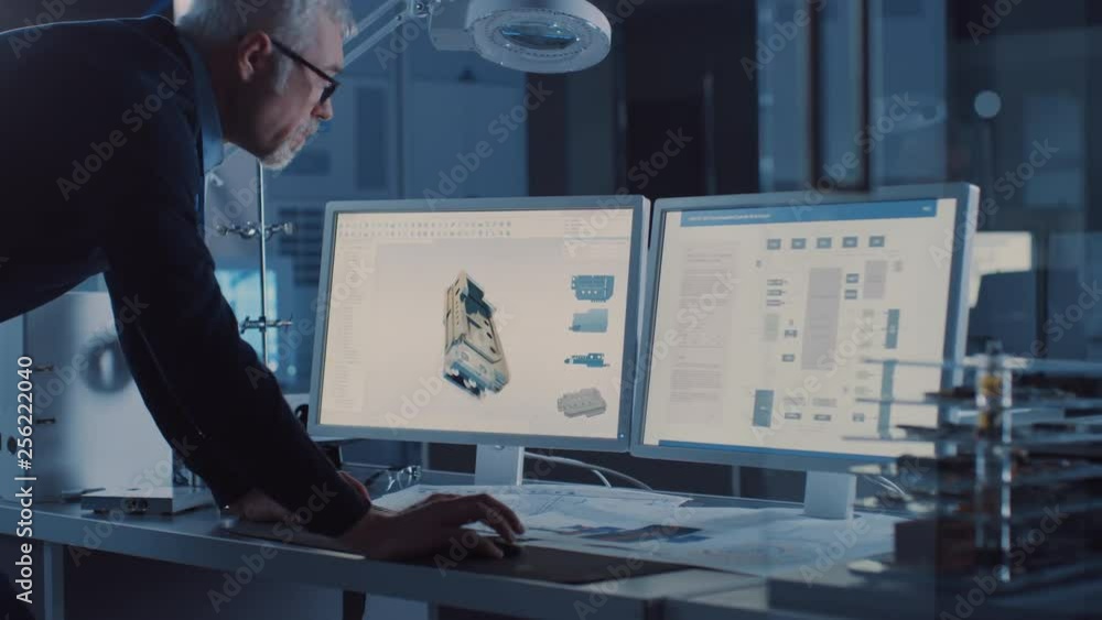 Poster professional heavy industry engineer works on computer uses cad software to design industrial machin