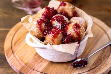 Tasty Homemade Cottage Cheese Donuts in Sugar Powder with Berry Jam Wooden Background Donuts Horizontal