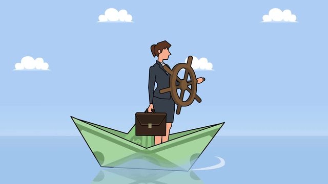 Flat cartoon businesswoman character with helm wheel floating on dollar paper boat businesss control concept animation