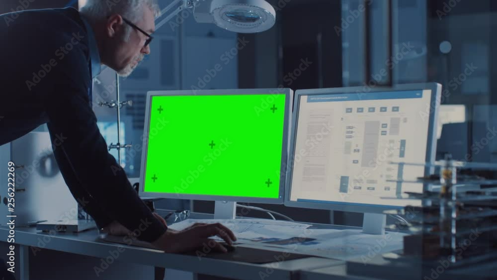 Leinwandbilder Professional Engineer Works on Computer with Green Mock-up Screen and Integrated Development Programming on Display. In the Background Industrial Electronics Design Agency. Over the Shoulder Shot