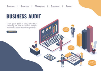 The concept of business auditing. Verification of accounting data. Financial report. Professional audit advice. Flat isometric style.