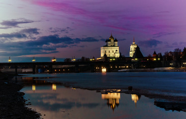 Trinity cathedral Pskov. Pskov Kremlin Russia. Ancient fortress on the river bank.