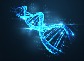 Abstract luminous DNA molecule, neon helix on blue background. Medical science, genetic, biotechnology, chemistry, biology.