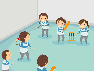 Stickman Kids Play Indoor Cricket Illustration