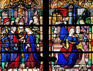 Obraz premium The Wedding of the Virgin and the Virgin at the temple, stained glass windows in the Saint Gervais and Saint Protais Church, Paris, France