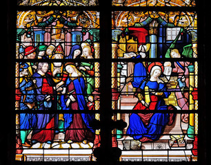 The Wedding of the Virgin and the Virgin at the temple, stained glass windows in the Saint Gervais and Saint Protais Church, Paris, France