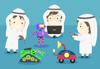 Kids Boys Muslim Play Robots Illustration