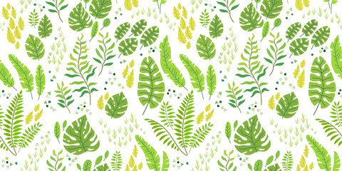 Naklejka na ściany i meble Tropical leaves vector seamless pattern. Green paradise.