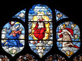 Christ surrounded by the Virgin and Saint John, stained glass windows in the Saint Gervais and...