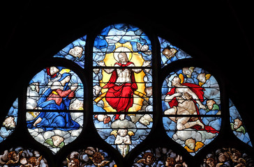 Christ surrounded by the Virgin and Saint John, stained glass windows in the Saint Gervais and...