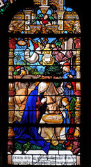 Nativity Scene, birth of Jesus, stained glass windows in the Saint Gervais and Saint Protais Church, Paris, France 