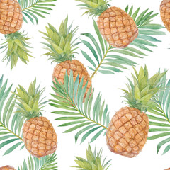 Pineapples and tropical leaves. Watercolor seamless pattern.