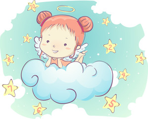 Kid Girl Angel Clouds Stars Numbers Illustration