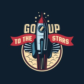 The rocket launches into space badge emblem in retro style