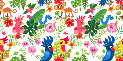 Fototapeta na wymiar Cute tropical birds in jungle. Parrots and toucan sitting on branches.