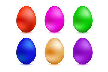 A set of colored Easter eggs on a white background. Bright colored shiny eggs. Elements for design. Happy Easter.