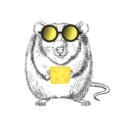 Hand drawn graphics sketch of a white rat in yellow glasses with cheese
