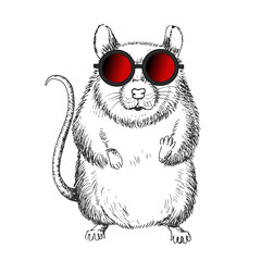 Graphics of black and white rat in red glasses on white background