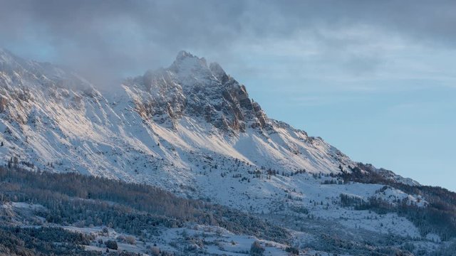 Winter sunrise timelapse on Aiguilles de Chabrieres, Ecrins National Park, Hautes-Alpes, European Alps, France