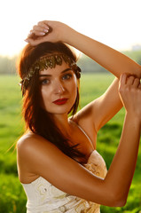 Young Beautiful Cute Girl Fashionable Dress Forest Outdoors Fashion Concept