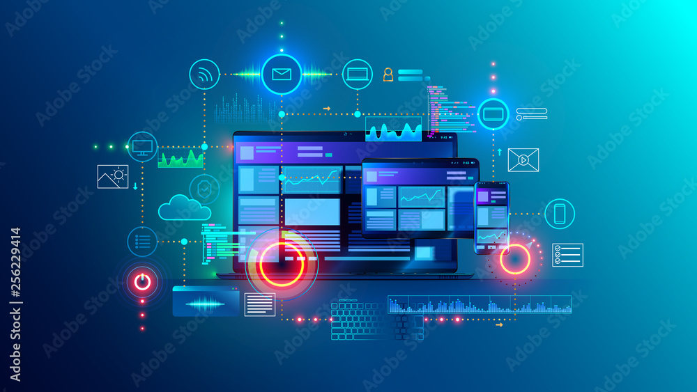 Fototapete Cross platform website, app design development on laptop, phone, tablet. Technology of create software, code of mobile applications. Programming responsive layout of graphic interface, ui, ux concept.
