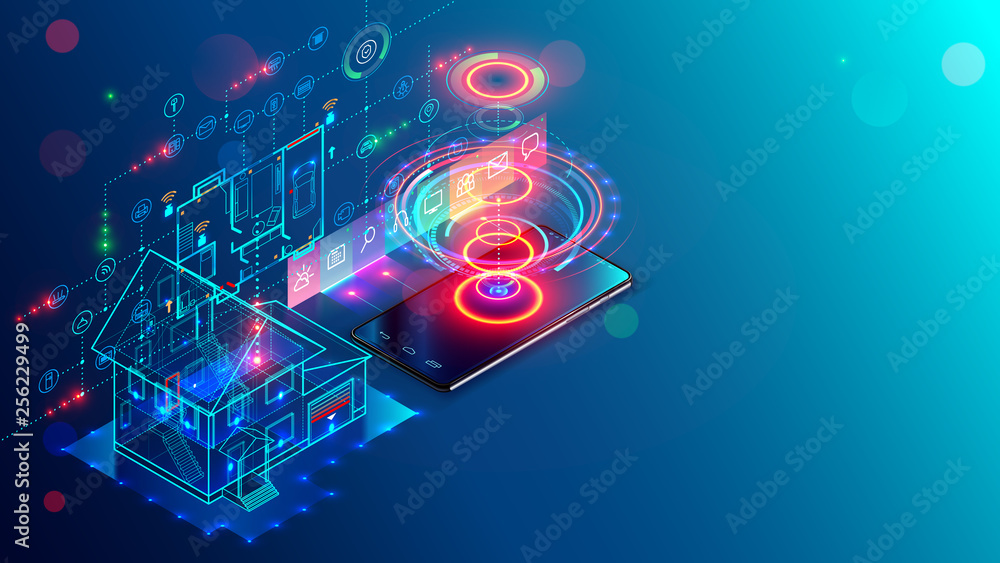 Fototapete Smart home isometric concept. System control of iot. Internet things in building development and mobile app of monitoring appliances and security system. Automation remote control electronic devices