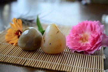 Set of 2 Jumbo Agate Palm Stones. Tumbled polished Agate; Crystals for creativity and intellect. Harmony and grounding. Large Agate with summer flowers. Crisp colors, banded agate stones
