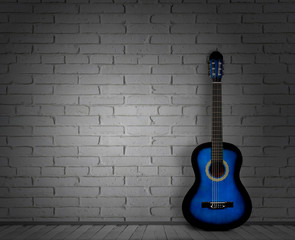 Fototapeta na wymiar acoustic guitar white background wall shadow
