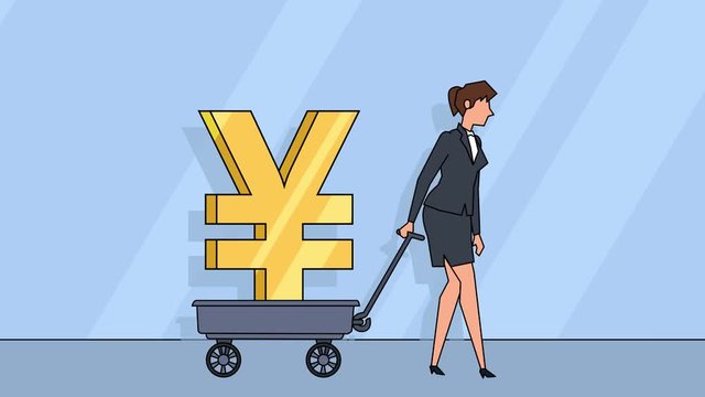 Flat cartoon businesswoman character  pulls cart with yen sign money concept animation with alpha matte