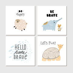 Collection of children cards with cute wild cartoon animals and lettering. Perfect for nursery posters - 256230659