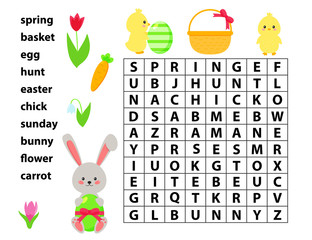 Easter educational game for kids. Word search game. Spring theme. Vector bunny, chick, flowers and Easter eggs.