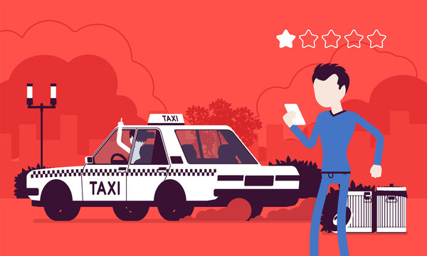 Bad Car And Rude Driver In Taxi Rating App System. Angry Male Passenger Ranking By Smartphone Application, Service Quality, Route, Price, Safety Performance. Vector Illustration, Faceless Characters